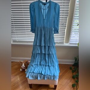 Maje Blue Tiered Sundress with Bishop Sleeves